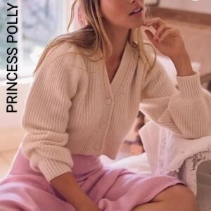 Women's Princess Polly Blush Pink Ribbed Cardigan XS puff sleeves
